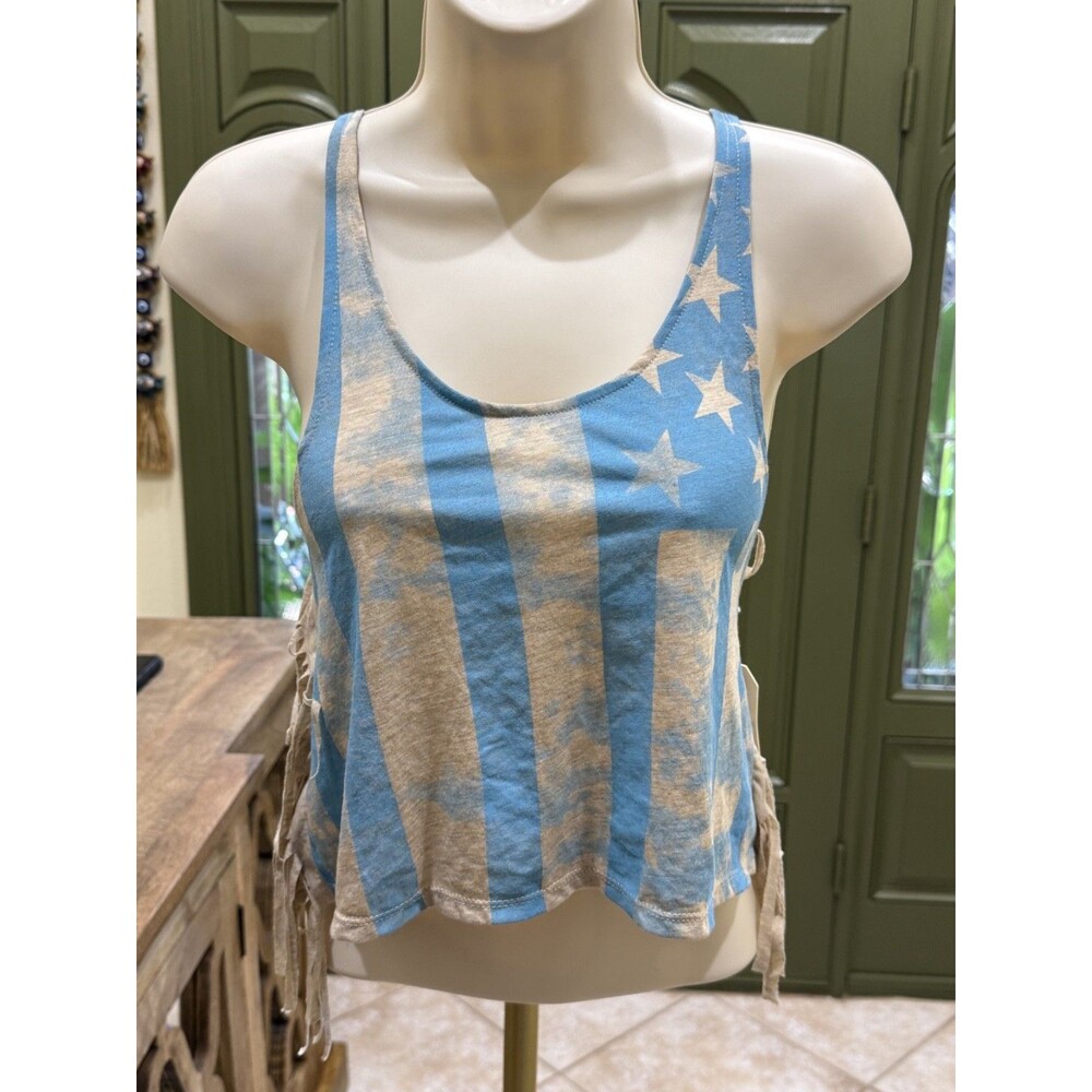 NWT Forever 21 American Flag Tie-Dye Crop Tank Top with Side Fringe – Size Small